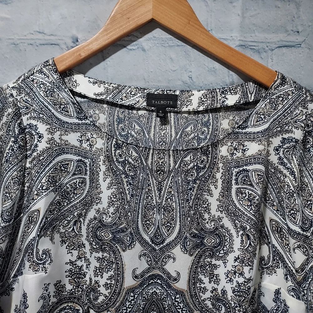 Talbots Womens 6 Black White Tan Floral Paisley Blouse Old Money Quite Luxury